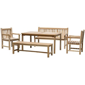 Garten Sitzgruppe Teak Holz, für 6 Personen, 2 Armlehnstühle, 2 Bänke, 1 Tisch - Gartenmöbel Set, Gartengarnitur