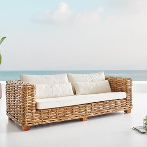 Lounge-Sofa Nizza Rattan natur mit weißen Kissen 3-Sitzer, Loungemöbel