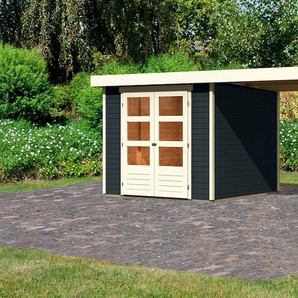 Gartenhaus KARIBU Arnis 3,5 Gartenhäuser Gr. ohne Fußboden, ohne Rück- und Seitenwand, ohne Dacheindeckung, grau (anthrazit) Gartenhäuser aus Holz mit Anbaudach 2,40 cm Breite