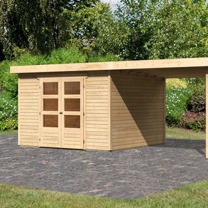 Gartenhaus KARIBU Arnis Gartenhäuser Gr. ohne Fußboden, ohne Dacheindeckung, beige (natur) Gartenhäuser aus Holz mit Anbaudach 2,80 m Breite