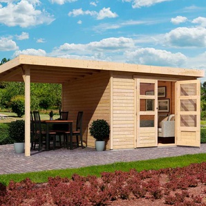 Gartenhaus KARIBU Arnis Gartenhäuser Gr. ohne Fußboden, ohne Dacheindeckung, beige (naturbelassen) Gartenhäuser aus Holz mit Anbaudach 2,40 m Breite