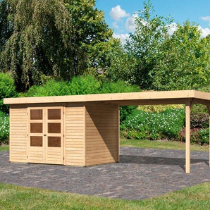 Gartenhaus KARIBU Arnis Gartenhäuser Gr. ohne Fußboden, ohne Rück- und Seitenwand, ohne Dacheindeckung, beige (naturbelassen) Gartenhäuser aus Holz mit Anbaudach 2,80 cm Breite