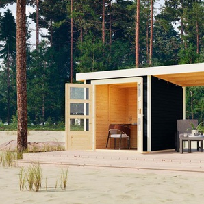 Gartenhaus KARIBU Arnis Gartenhäuser Gr. ohne Fußboden, ohne Rück- und Seitenwand, ohne Dacheindeckung, grau (anthrazit) Gartenhäuser aus Holz mit Anbaudach 2,80 m Breite