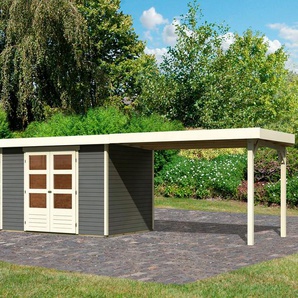 Gartenhaus KARIBU Arnis Gartenhäuser Gr. ohne Fußboden, ohne Rück- und Seitenwand, ohne Dacheindeckung, grau (terragrau) Gartenhäuser aus Holz mit Anbaudach 2,80 cm Breite