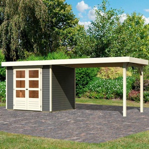 Gartenhaus KARIBU Arnis, grau (terragrau), ohne Fußboden, ohne Rück- und Seitenwand, ohne Dacheindeckung, Holz, Gartenhäuser, mit Anbaudach 2,80 m Breite, Topseller