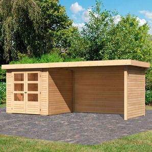 Gartenhaus KARIBU Askola 2 Gartenhäuser Gr. ohne Fußboden, Rückwand-Seitenwand, Dachplatte, beige (naturbelassen) Gartenhäuser aus Holz mit Anbaudach, Rück- und Seitenwand