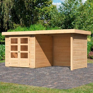 Gartenhaus KARIBU Askola 2 Gartenhäuser Gr. ohne Fußboden, Rückwand-Seitenwand, ohne Dacheindeckung, beige (naturbelassen) Gartenhäuser aus Holz mit Anbaudach, Rück- und Seitenwand