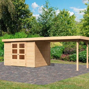 Gartenhaus KARIBU Askola 5 Gartenhäuser Gr. ohne Fußboden, ohne Dacheindeckung, beige (naturbelassen) Gartenhäuser aus Holz mit Anbaudach