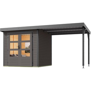 Gartenhaus KARIBU Jupiter B SET Gartenhäuser Gr. ohne Fußboden, ohne Rück- und Seitenwand, ohne Dacheindeckung, grau (terragrau) Gartenhäuser aus Holz terragraustaubgrau, mit Anbaudach