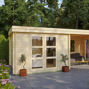 Gartenhaus KONIFERA Acrux, beige (natur), Fußboden im Gartenhaus, Rückwand-Seitenwand, ohne Dacheindeckung, Holz, Gartenhäuser, mit seitlichem Anbau, Inklusive Fußboden, Topseller