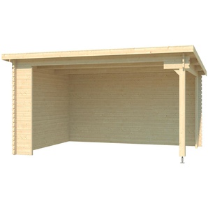 Gartenhaus LASITA MAJA Unterstand Columbus Gartenhäuser Gr. Dachpappe, beige (naturbelassen) Gartenhäuser aus Holz Unterstand Lounge 34mm, Fundamentmass 4250x3000, Naturbelassen