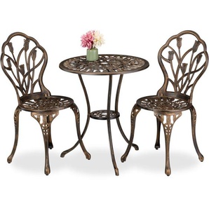 Gartenmöbel Set 3-teilig, Tisch, 2 Stühle, Aluguss, Balkonmöbel Antikdesign, Garten Sitzgruppe, schwarz/bronze - Relaxdays