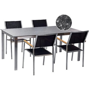 Gartenmöbel Set 7-Teilig Schwarz Edelstahl 4 Stühle Polyester Tisch 180x90 cm Sicherheitsglas Keramik Gartenausstattung Terrasse Outdoor Indoor