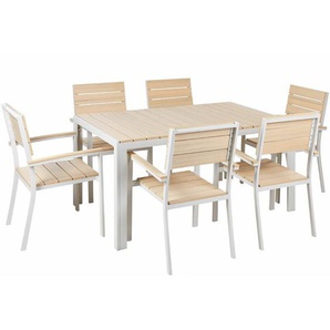Gartenmöbel Set Beige und Weiß Aluminium Kunstholz 7-Teilig 6-Sitzer Tisch 150 x 90 cm und 6 Stühle Modern für Terrasse Outdoor Ausstattung
