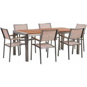 Gartenmöbel Set Eukalyptusholz Edelstahl Tisch 180 cm 6 Stühle Beige Terrasse Outdoor Modern Garten Terrasse