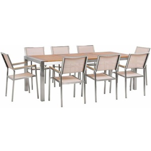 Gartenmöbel Set Eukalyptusholz Edelstahl Tisch 220 cm 8 Stühle Beige Terrasse Outdoor Modern Garten Terrasse