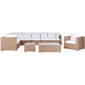Gartenmöbel Set Sandbeige Rattan u. Aluminium Modular mit 2 Couchtischen Mehrere Kissen Cremeweiß 8-Sitzer Lounge Set Terrasse Outdoor Modern