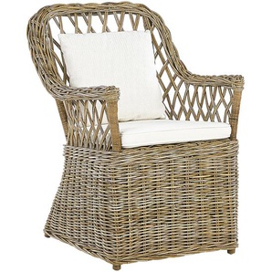Gartensessel Natürlich Rattan mit 2 Auflagen Cremeweiß Baumwolle Terrasse Balkon Außen Wohnzimmer Gartenzubehör im Retro Stil