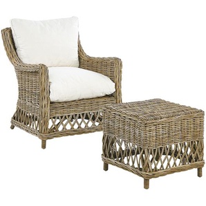 Gartensessel Natürlich Rattan mit Hocker 2 Auflagen Cremeweiß Baumwolle Terrasse Balkon Außen Wohnzimmer Gartenzubehör im Retro Stil