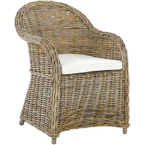 Gartensessel Natürlich Rattan mit hoher Rückenlehne Auflage Cremeweiß Baumwolle Terrasse Balkon Außen Wohnzimmer Gartenzubehör im Retro Stil