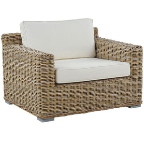 Gartensessel Hellbraun Polyrattan inkl. Sitzkissen in Cremeweiß Modernes Design Terasse Garten