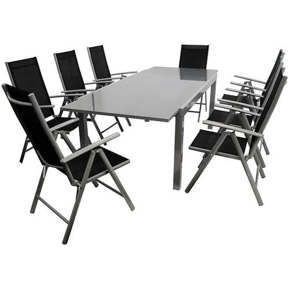 Gartensitzgruppe in Schwarz und Grau klappbaren Stühlen (neunteilig)