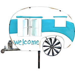 Gartenstecker Metall Wohnwagen xl 160 cm Blau Weiß Caravan 96103 Windspiel Willkommen Windrad Wetterfest Gartendeko Gartenstab Bodenstecker Camper