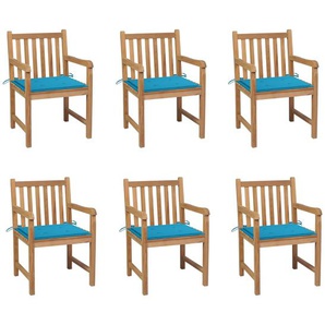 Gartenstühle 6 Stk. mit Blauen Kissen Massivholz Teak