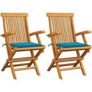 Gartenstühle mit Blauen Kissen 2 Stk. Massivholz Teak