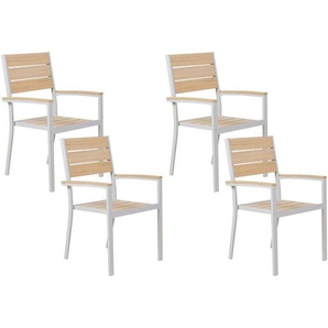 Gartenstuhl 4er Set Beige Kunstholz Aluminium mit Hohen Armlehnen Lamellen-Optik Modern für Balkon Terrasse Garten Ausstattung