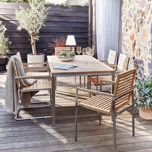 Gartenstuhl 2er-Set Sitzfläche, Rücken- & Armlehne: Massivholz Teak, naturbelassen Gestell: Edelstahl, gebürstet Braun/Silber/Beige 55 x 86 x