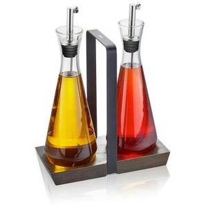 Gefu Essig-/Öl-Menage X-Plosion, Schwarz, Akazie, Edelstahl, Transparent, Holz, Metall, Kunststoff, Glas, Akazie, 8.1x23x17.5 cm, zum Stellen, Tischkultur & Servieren, Essig & Ölflaschen