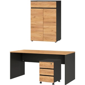 Büro-Set GERMANIA Lissabon Arbeitsmöbel-Sets Gr. B/H/T: 238 cm x 120 cm x 79 cm, braun (graphit, navarra, eiche, nachbildung) Büromöbel-Sets