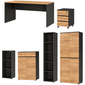 Büro-Set GERMANIA Lissabon Arbeitsmöbel-Sets Gr. B/H/T: 408 cm x 197 cm x 145 cm, braun (graphit, navarra, eiche, nachbildung) Büromöbel-Sets