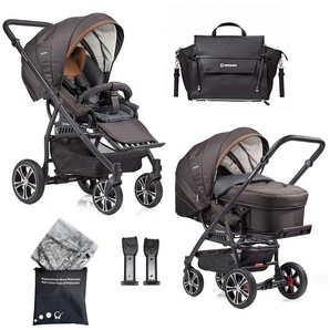 Gesslein Kinderwagenset F4 Air+, Anthrazit, Braun, Cognac, Textil, 57x129x100 cm, EN 1888, UV 50+, Made in Germany, Feststellbremse, Federung, kugelgelagerte Räder, für Babyschale geeignet, Griff in Lederoptik, Reflektorstreifen,5-Punkt-Gurt, Gurtschoner,