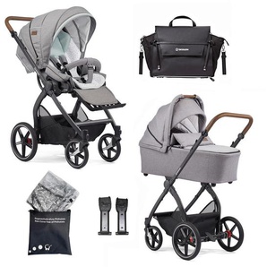 Gesslein Kinderwagenset FX4 Classic, Braun, Weiß, Hellgrau, Mintgrün, Textil, 57x129x100 cm, EN 1888, UV 50+, Made in Germany, Feststellbremse, Federung, kugelgelagerte Räder, für Babyschale geeignet, Griff in Lederoptik, Reflektorstreifen,5-Punkt-Gurt,