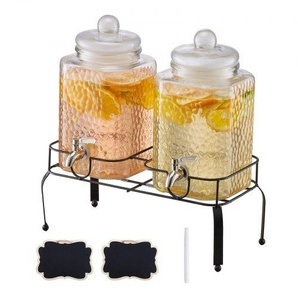 Getränkespender (2 x 5,5 L) für Partys Saftspender (aus Glas) mit tropfsicherem Zapfhahn & Metallständer Wasserspender für Restaurants Partys, Limonade selbstgemachte Getränke Spender YLFPQPTBLFPQFV1XG001V0