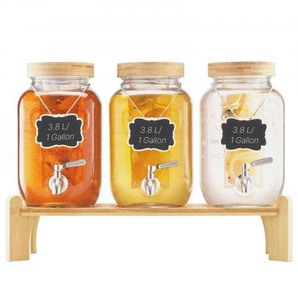 Getränkespender (3 x 3,8 L) für Partys Saftspender (aus Glas) mit tropfsicherem Zapfhahn & Holzständer Wasserspender für Restaurants Partys, Limonade Eistee selbstgemachte Getränke Spender YLFPQPTBLFPQ0KNZO001V0