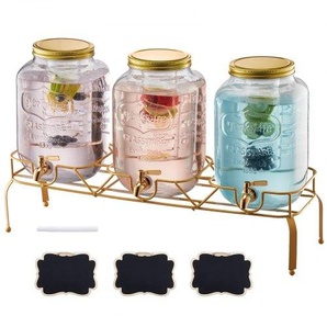 Getränkespender (3 x 8 L) für Partys Saftspender (aus Glas) mit tropfsicherem Zapfhahn & Metallständer Wasserspender für Restaurants Partys, Limonade Eistee selbstgemachte Getränke Spender YLFPQPTBLFPQFDKN5001V0