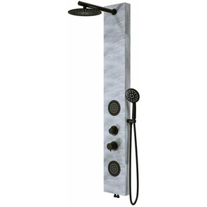 Giorgy - Duschpaneel aus Stahl mit grauem Stein-Effekt, schwarzer Armatur, Front-Hydro-Massage und Regendusche inklusive Handbrause und Schlauch