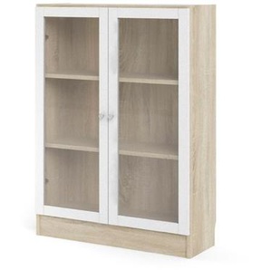 Glas Schrank Regal Ablagen weiß Eiche Glas Holz Standregal Vitrine Bücherregal