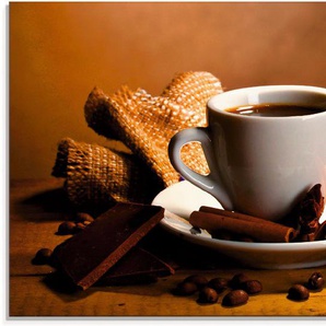 Glasbild ARTLAND Kaffeetasse Zimtstange Nüsse Schokolade Bilder Gr. B/H: 100 cm x 50 cm, Getränke, 1 St., braun Glasbilder in verschiedenen Größen
