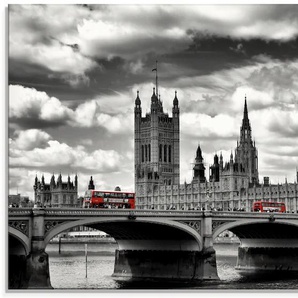 Glasbild ARTLAND London Westminster Bridge & Red Buses Bilder Gr. B/H: 100 cm x 50 cm, Glasbild Großbritannien Querformat, 1 St., schwarz Glasbilder