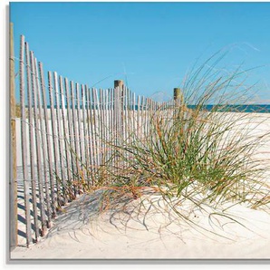 Glasbild ARTLAND Schöne Sanddüne mit Gräsern und Zaun Bilder Gr. B/H: 125 cm x 50 cm, Strand, 1 St., beige (naturfarben) Glasbilder in verschiedenen Größen