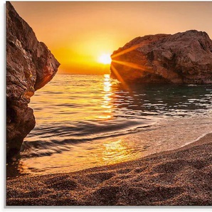 Glasbild ARTLAND Sonnenuntergang und Strand Bilder Gr. B/H: 100 cm x 50 cm, Strand, 1 St., beige (naturfarben) Glasbilder
