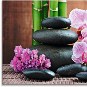 Glasbild ARTLAND Spa Konzept Zen Steinen Orchideen Bilder Gr. B/H: 100 cm x 50 cm, Zen, 1 St., pink Glasbilder