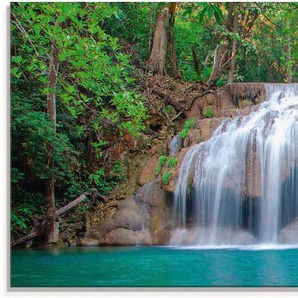 Glasbild ARTLAND Wasserfall im Wald National Park Bilder Gr. B/H: 125 cm x 50 cm, Gewässer, 1 St., grün Glasbilder