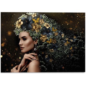 Glasbild Elegante Frau Blumen Druck auf Acrylglas Gold 70 x 50 x 2cm