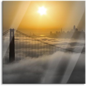 Glasbild Golden Gate Bridge bei Sonnenaufgang, schwarz-weiß