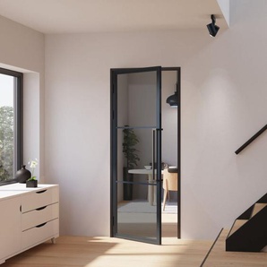 Glastür grauglas Komplettset mit Beschlag Loftstil 830 x 2115 mm din Links - Griffstange Drehtür - Schulte